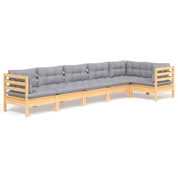 6-tlg. Garten-Lounge-Set mit Grauen Kissen Kiefernholz