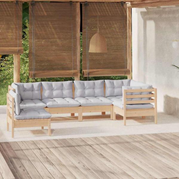 ARDEBO.de - 6-tlg. Garten-Lounge-Set mit Grauen Kissen Kiefernholz