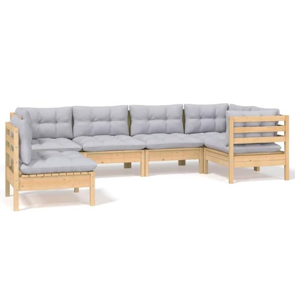 6-tlg. Garten-Lounge-Set mit Grauen Kissen Kiefernholz