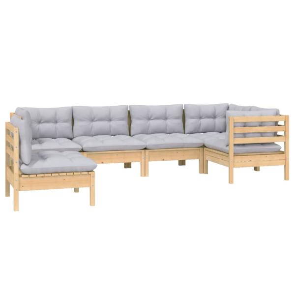 6-tlg. Garten-Lounge-Set mit Grauen Kissen Kiefernholz