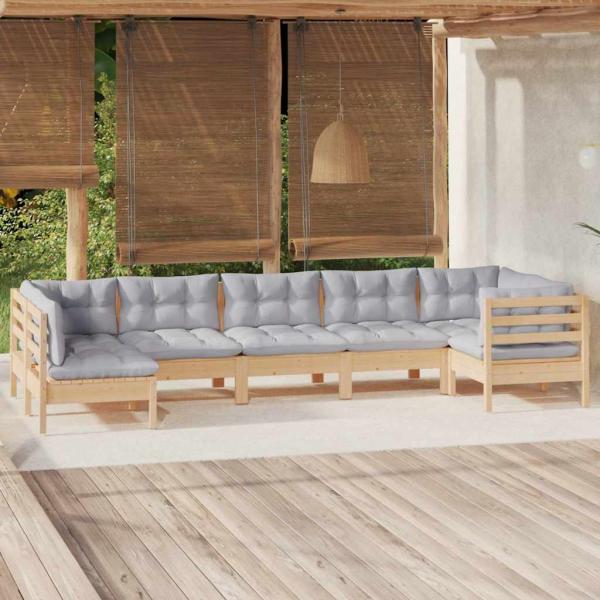ARDEBO.de - 7-tlg. Garten-Lounge-Set mit Grauen Kissen Kiefernholz
