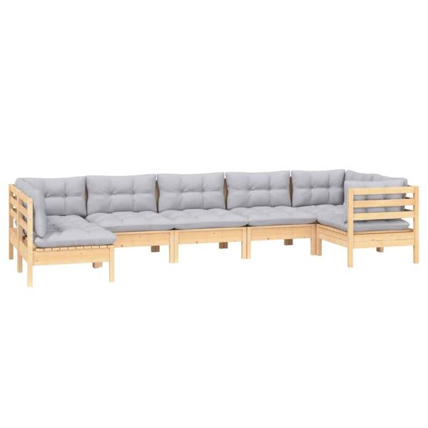 7-tlg. Garten-Lounge-Set mit Grauen Kissen Kiefernholz