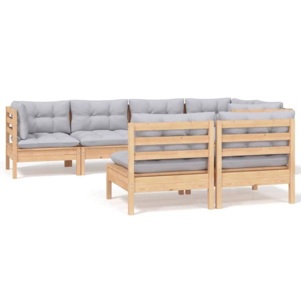 7-tlg. Garten-Lounge-Set mit Grauen Kissen Kiefer Massivholz