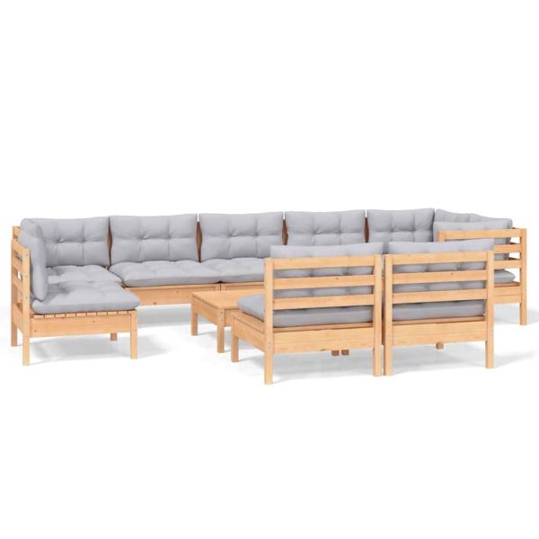 10-tlg. Garten-Lounge-Set mit Grauen Kissen Kiefer Massivholz