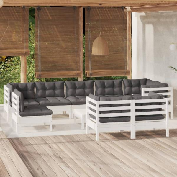 ARDEBO.de - 10-tlg. Garten-Lounge-Set mit Kissen Weiß Kiefer Massivholz