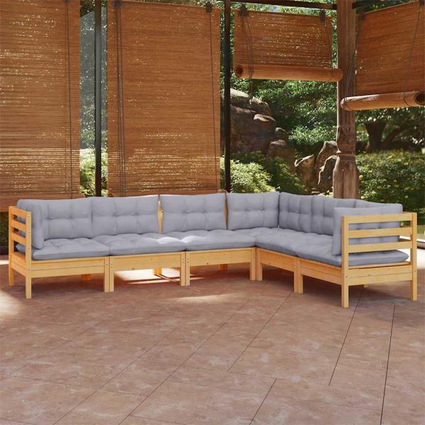 ARDEBO.de - 6-tlg. Garten-Lounge-Set mit Grauen Kissen Kiefer Massivholz