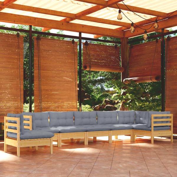 ARDEBO.de - 8-tlg. Garten-Lounge-Set mit Grauen Kissen Kiefer Massivholz