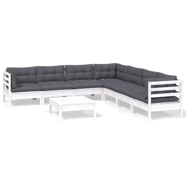 8-tlg. Garten-Lounge-Set mit Kissen Weiß Kiefer Massivholz