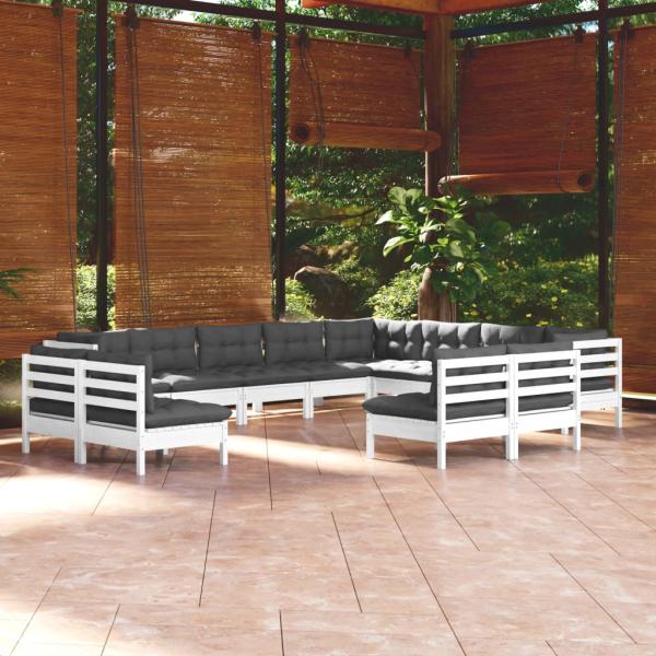 ARDEBO.de - 12-tlg. Garten-Lounge-Set mit Kissen Weiß Massivholz Kiefer