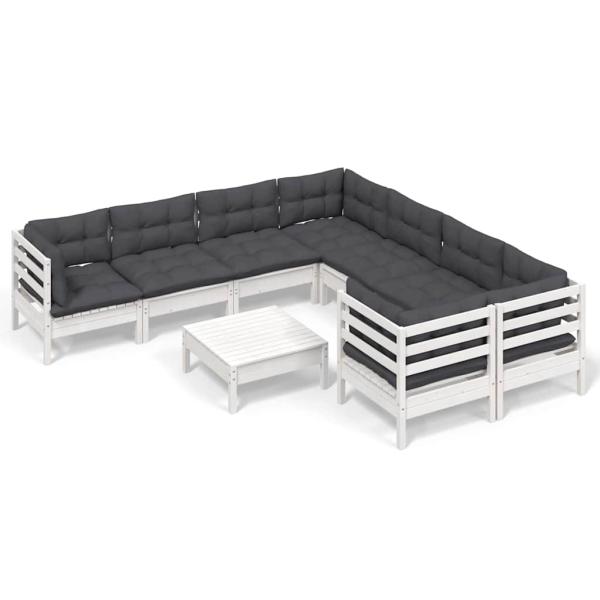 9-tlg. Garten-Lounge-Set mit Kissen Weiß Kiefernholz