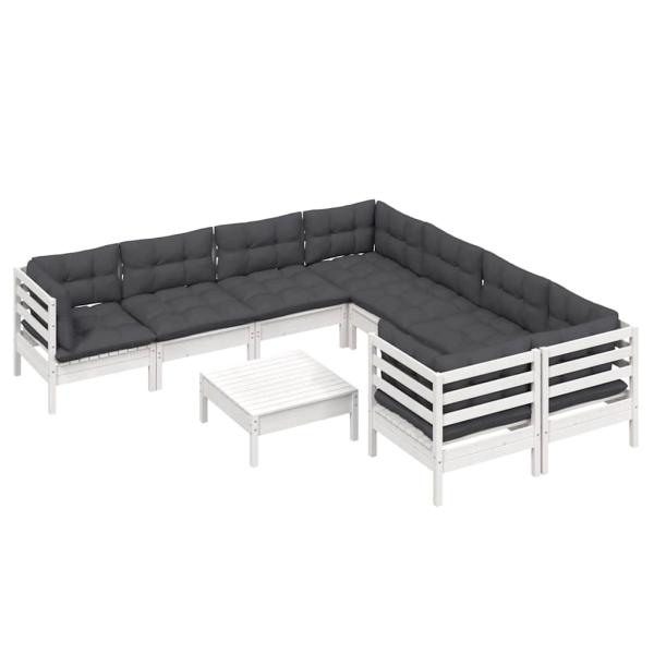 9-tlg. Garten-Lounge-Set mit Kissen Weiß Kiefernholz