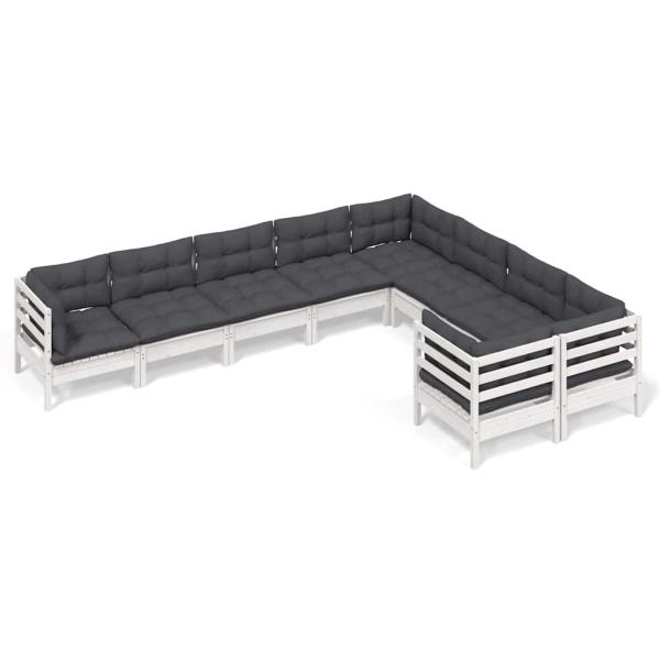 9-tlg. Garten-Lounge-Set mit Kissen Weiß Kiefernholz