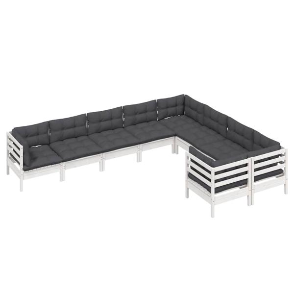 9-tlg. Garten-Lounge-Set mit Kissen Weiß Kiefernholz