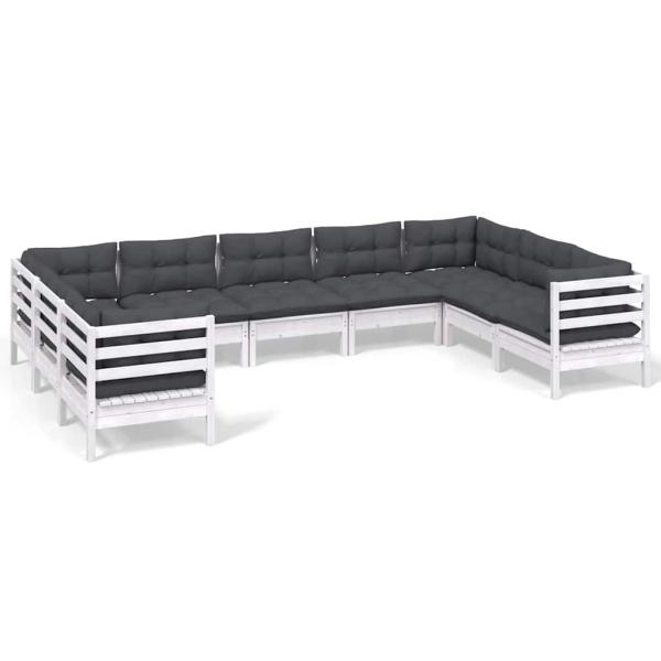 9-tlg. Garten-Lounge-Set mit Kissen Weiß Kiefernholz