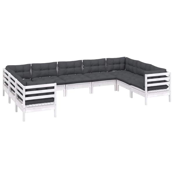 9-tlg. Garten-Lounge-Set mit Kissen Weiß Kiefernholz