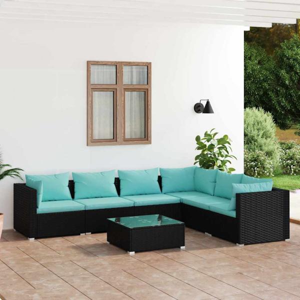 ARDEBO.de - 7-tlg. Garten-Lounge-Set mit Kissen Poly Rattan Schwarz