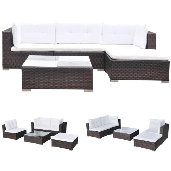 5-tlg. Garten-Lounge-Set mit Kissen Poly Rattan Braun