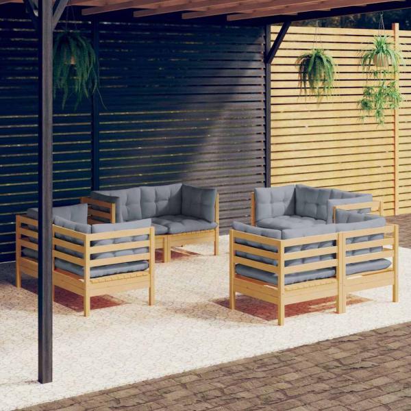 ARDEBO.de - 8-tlg. Garten-Lounge-Set mit Grauen Kissen Kiefernholz