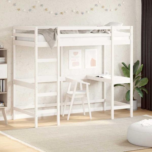ARDEBO.de - Hochbett mit Schreibtisch Weiß 90x200 cm Massivholz Kiefer