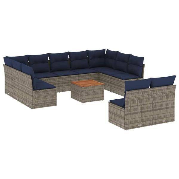 12-tlg. Garten-Sofagarnitur mit Kissen Grau Poly Rattan