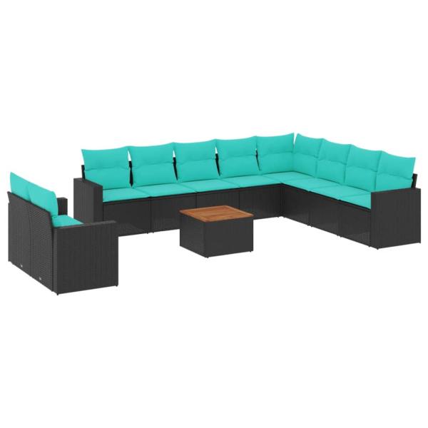 11-tlg. Garten-Sofagarnitur mit Kissen Schwarz Poly Rattan