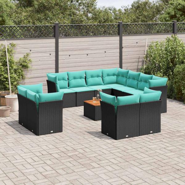 ARDEBO.de - 12-tlg. Garten-Sofagarnitur mit Kissen Schwarz Poly Rattan