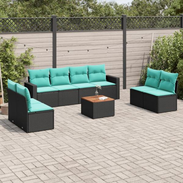 ARDEBO.de - 9-tlg. Garten-Sofagarnitur mit Kissen Schwarz Poly Rattan