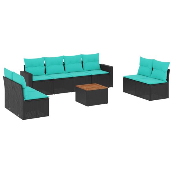 9-tlg. Garten-Sofagarnitur mit Kissen Schwarz Poly Rattan
