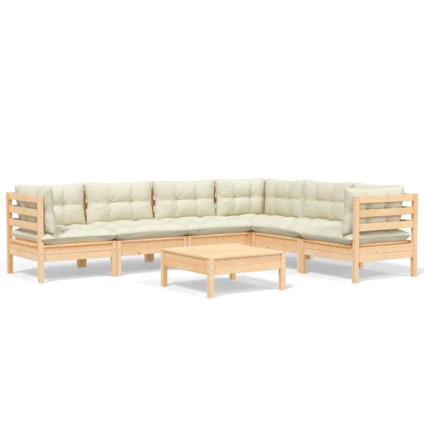 7-tlg. Garten-Lounge-Set mit Creme Kissen Massivholz Kiefer
