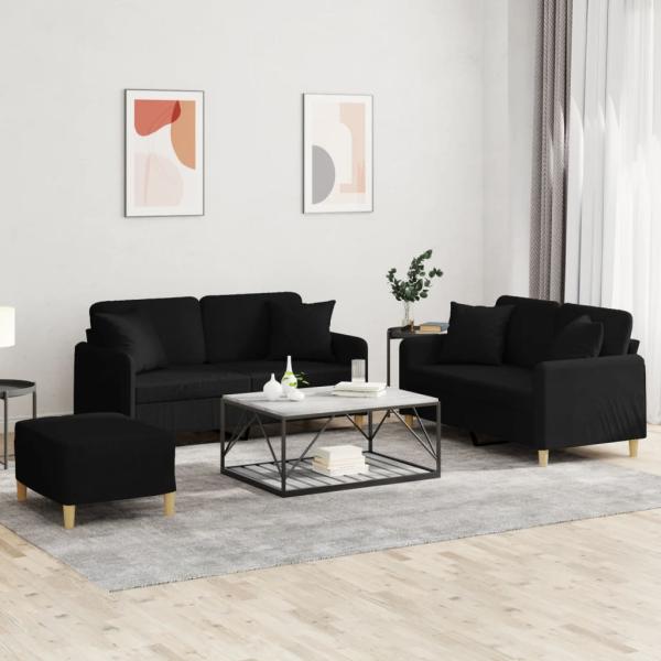 ARDEBO.de - 3-tlg. Sofagarnitur mit Kissen Schwarz Stoff