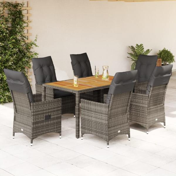 ARDEBO.de - 7-tlg. Garten-Essgruppe mit Kissen Grau Poly Rattan