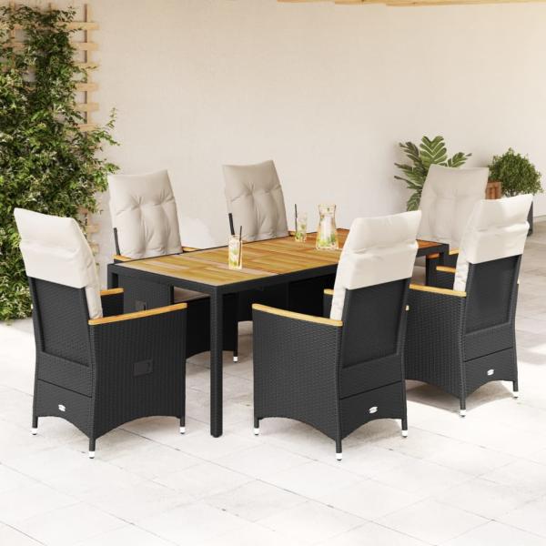 ARDEBO.de - 7-tlg. Garten-Essgruppe mit Kissen Schwarz Poly Rattan
