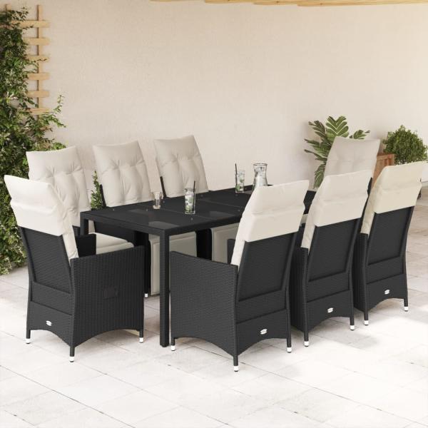 ARDEBO.de - 9-tlg. Garten-Essgruppe mit Kissen Schwarz Poly Rattan