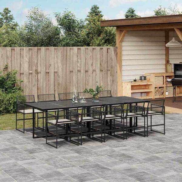 ARDEBO.de - 11-tlg. Garten-Essgruppe mit Kissen Schwarz Poly Rattan