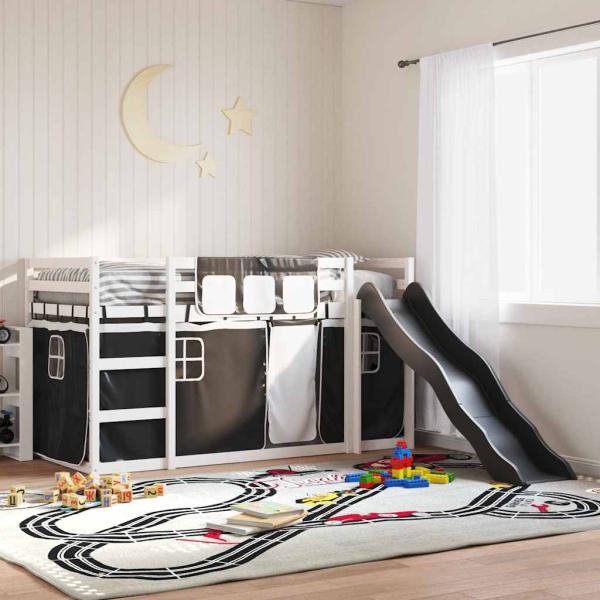ARDEBO.de - Etagenbett mit Rutsche und Gardinen Weiß und Schwarz 90x200 cm