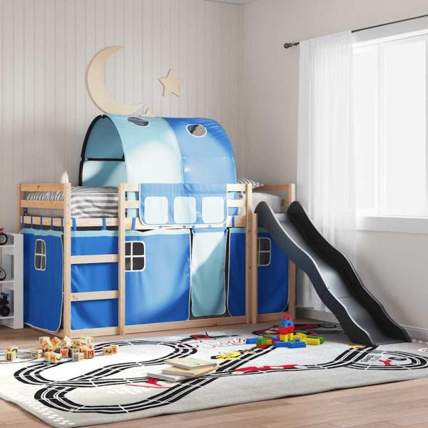 ARDEBO.de - Etagenbett mit Rutsche und Gardinen Blau 80x200 cm