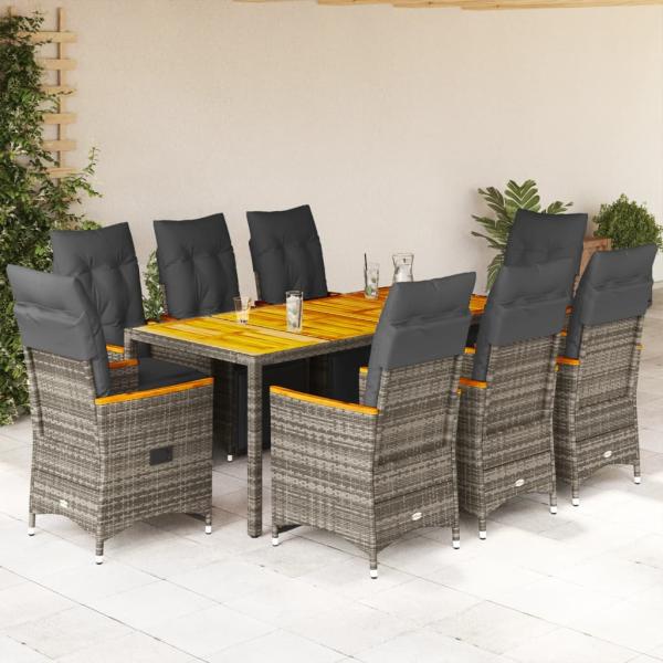 ARDEBO.de - 9-tlg. Garten-Bistro-Set mit Kissen Grau Poly Rattan