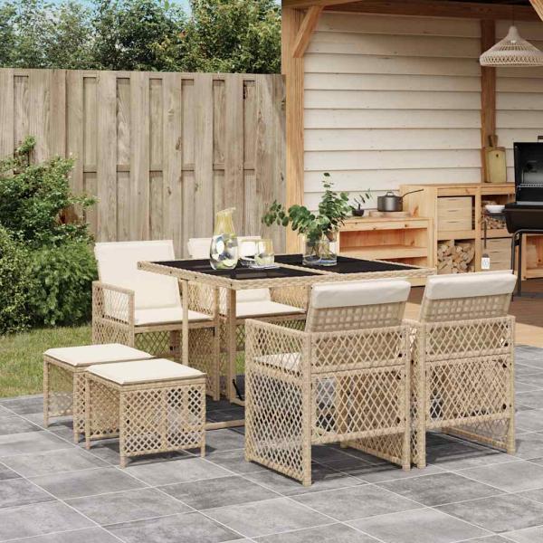 ARDEBO.de - 9-tlg. Garten-Essgruppe mit Kissen Beige Poly Rattan