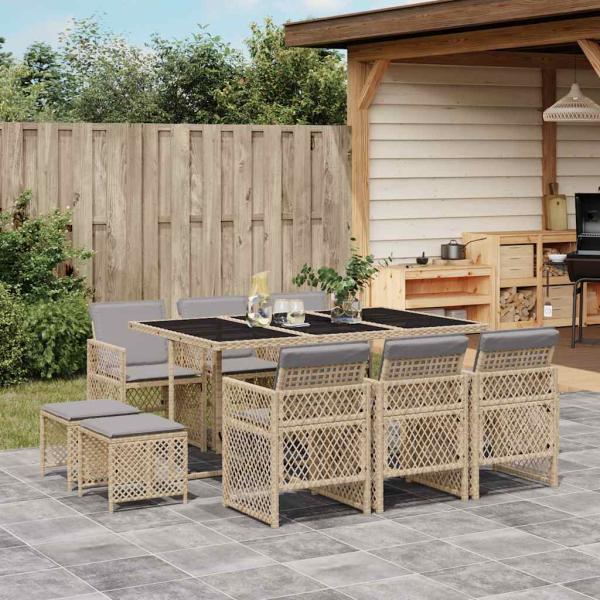 ARDEBO.de - 11-tlg. Garten-Essgruppe mit Kissen Beige Poly Rattan