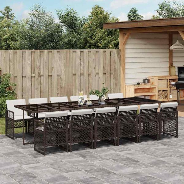 ARDEBO.de - 13-tlg. Garten-Essgruppe mit Kissen Braun Poly Rattan