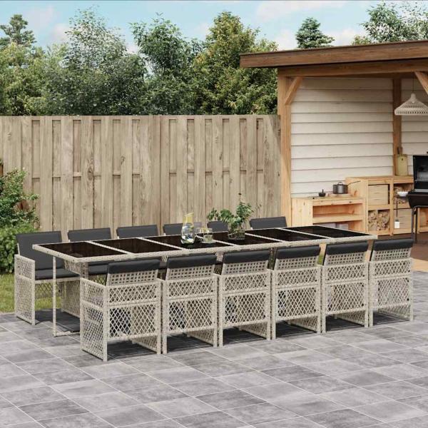 ARDEBO.de - 13-tlg. Garten-Essgruppe mit Kissen Hellgrau Poly Rattan