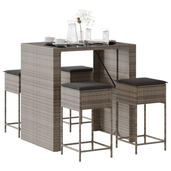 ARDEBO.de - 5-tlg. Gartenbar-Set mit Kissen Grau Poly Rattan
