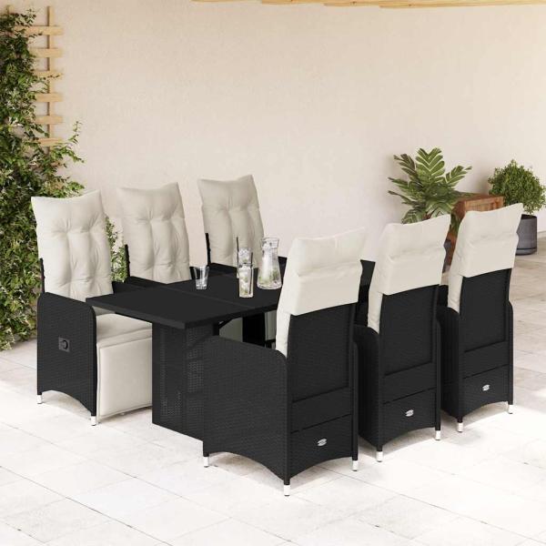 ARDEBO.de - 7-tlg. Garten-Bistro-Set mit Kissen Schwarz Poly Rattan