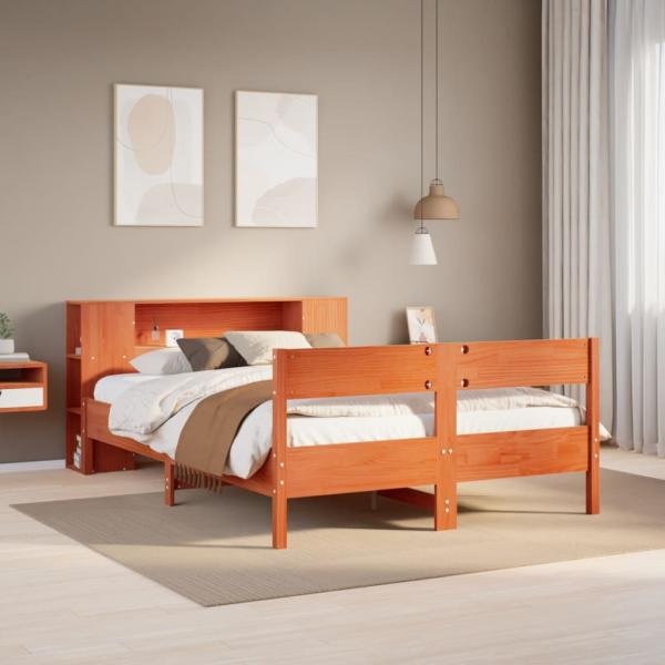 ARDEBO.de - Massivholzbett mit Regal ohne Matratze Wachsbraun 135x190 cm