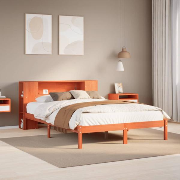 ARDEBO.de - Massivholzbett mit Regal ohne Matratze Wachsbraun 135x190 cm