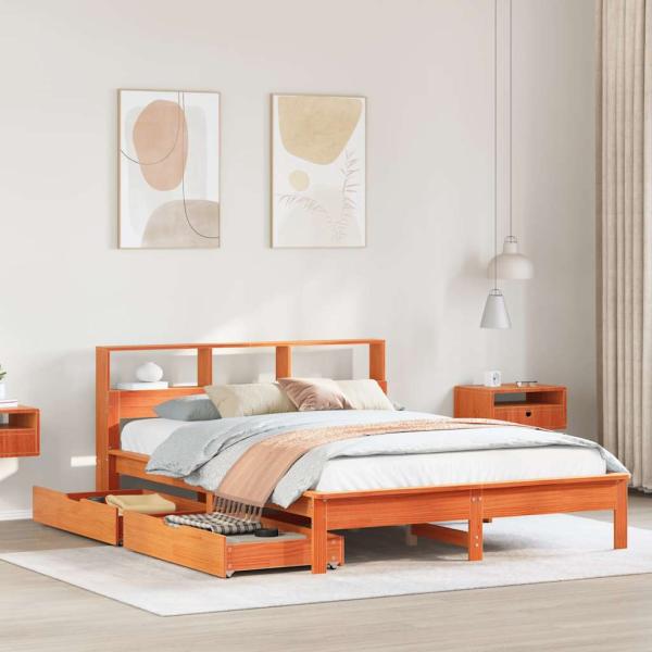 ARDEBO.de - Massivholzbett mit Regal ohne Matratze Wachsbraun 160x200 cm