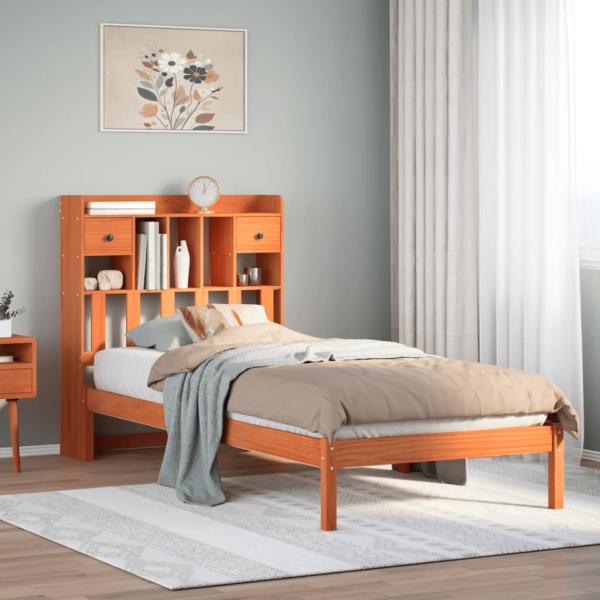 ARDEBO.de - Massivholzbett mit Regal ohne Matratze Wachsbraun 75x190 cm