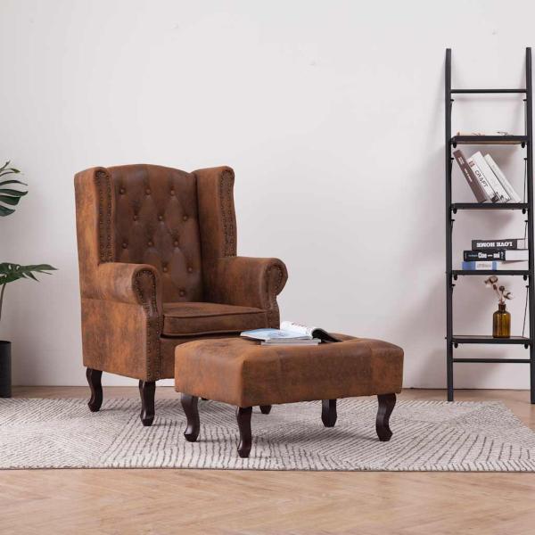 ARDEBO.de - Chesterfield-Sessel und Fu?hocker Braun Wildleder-Optik