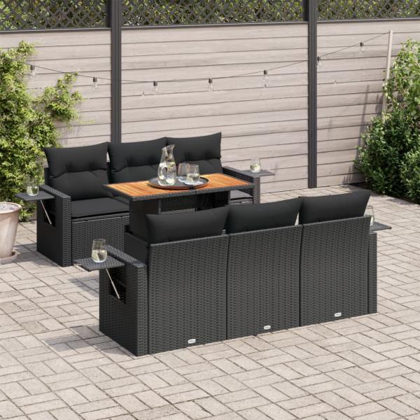 ARDEBO.de - 7-tlg. Garten-Sofagarnitur mit Kissen Schwarz Poly Rattan