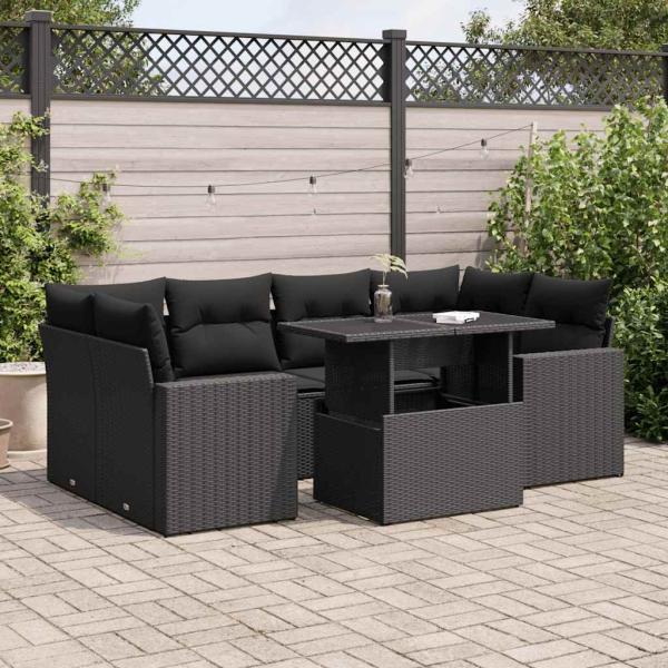 ARDEBO.de - 7-tlg. Garten-Sofagarnitur mit Kissen Schwarz Poly Rattan